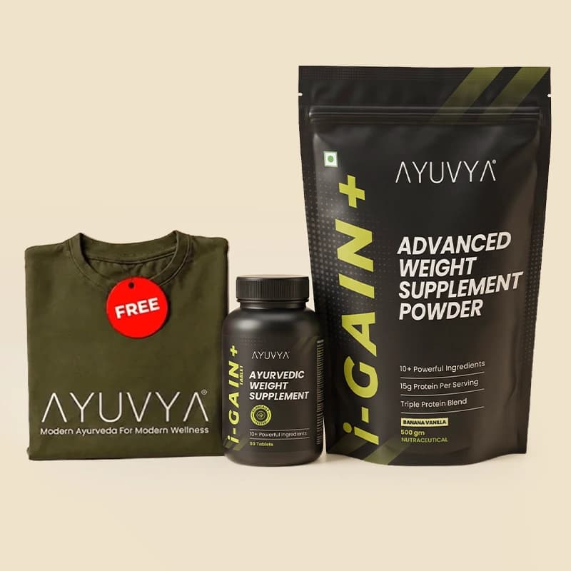 Ayuvya i-Gain+ Tablets and Weight Gain Powder 500gm Combo + Free T-Shirt